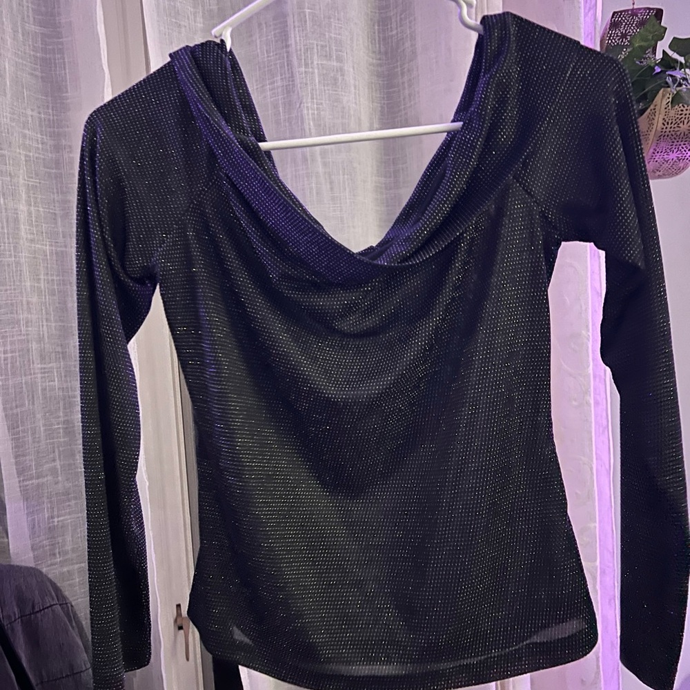 Black Sparkle Cowl-Neck Long Sleeve Top